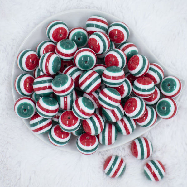 Top view of a pile of 20mm Red & Green multi Stripe Acrylic Chunky Bubblegum Beads