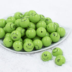 20mm Green Smirk Face Print Chunky Acrylic Bubblegum Beads [10 Count]