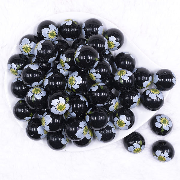 Top view of a pile of 20mm Hibiscus flower print on Black Chunky Acrylic Bubblegum Beads [10 Count]