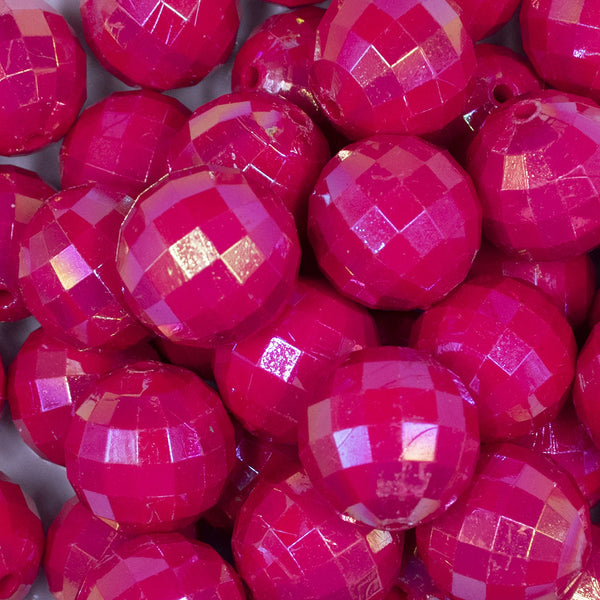 close up view of a pile of 20mm Hot Pink Disco Faceted AB Bubblegum Beads