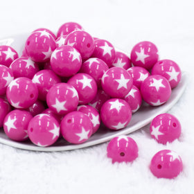 20mm Hot Pink with White Stars Bubblegum Beads