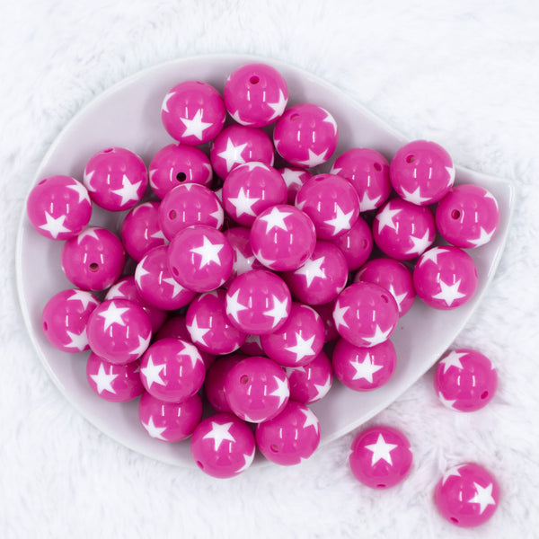Top view of a pile of 20mm Hot Pink with White Stars Bubblegum Beads