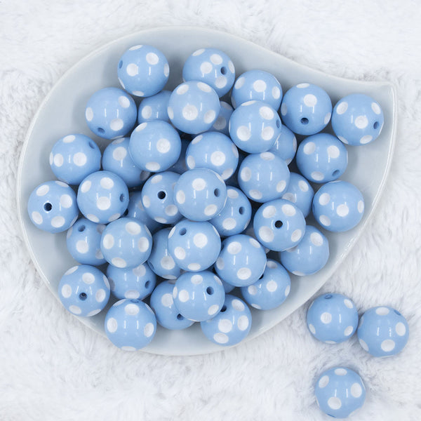 Top view of a pile of 20mm Ice Blue with White Polka Dots Bubblegum Beads