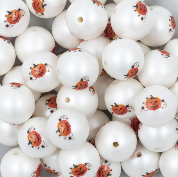 Close up view of a pile of 20mm Jack O Lantern Pumpkin with Vine Print Chunky Acrylic Bubblegum Beads [10 Count]