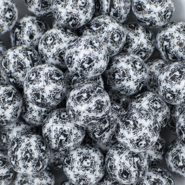 Close up view of a pile of20mm Black & White Jack Skellington Print Acrylic Chunky Bubblegum Beads