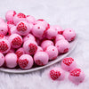 Front view of a pile of 20mm Pink with Red Leopard Print Heart Chunky Acrylic Bubblegum Beads [10 Count]