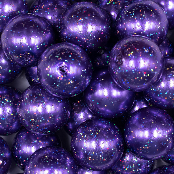 Close up view of a pile of 20mm Lilac Purple with Glitter Faux Pearl Bubblegum Beads