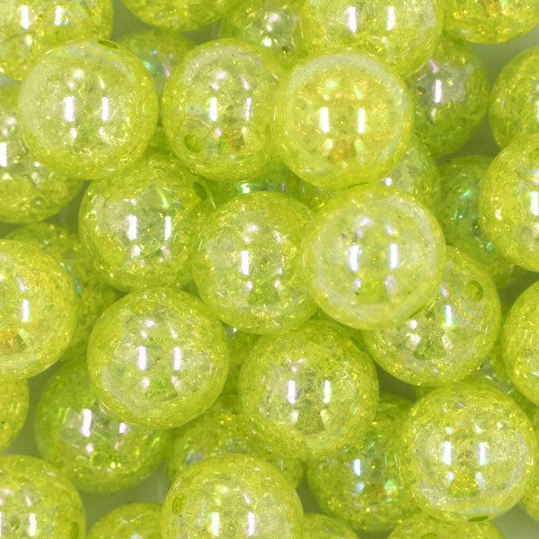 Close up view of a pile of 20mm Lime Green Crackle AB Bubblegum Beads