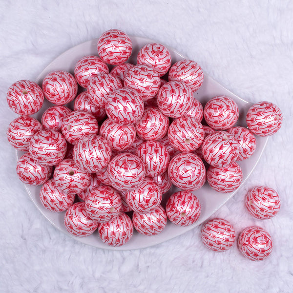 Top view of a pile of 20mm Red Arrows Print on Matte White Bubblegum Beads