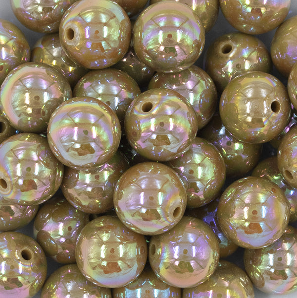 Close up view of a pile of 20mm Olive Green Solid AB Bubblegum Beads