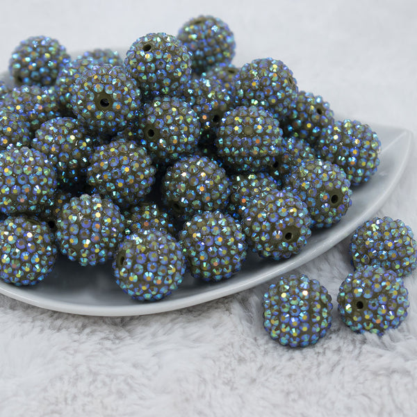 Front view of a pile of 20mm Olive Rhinestone AB Bubblegum Beads