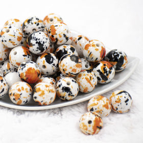20mm White with Orange & Black Splatter Chunky Acrylic Bubblegum Beads