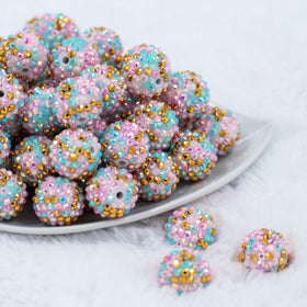 20mm Pink, Blue, Gold Confetti Rhinestone AB Bubblegum Beads