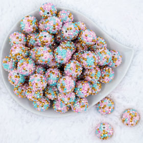 20mm Pink, Blue, Gold Confetti Rhinestone AB Bubblegum Beads