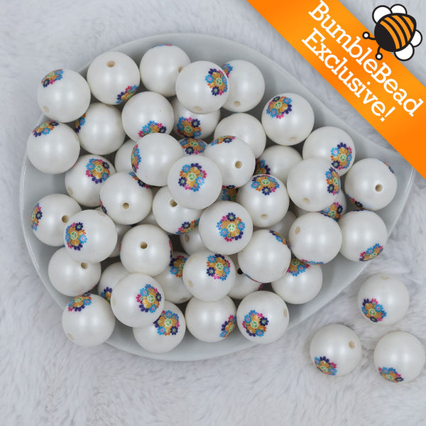 Top view of a pile of 20mm Peace Flower Print Chunky Acrylic Bubblegum Beads [10 Count]