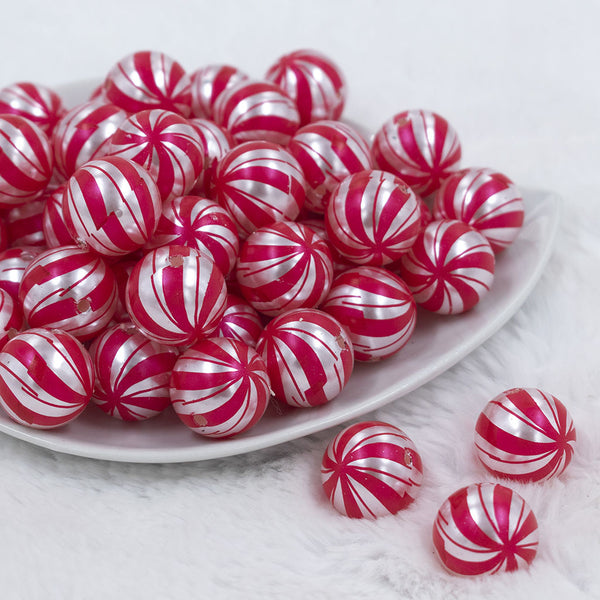 Front view of a pile of 20mm PEARL Peppermint Candy Print Chunky Acrylic Bubblegum Beads