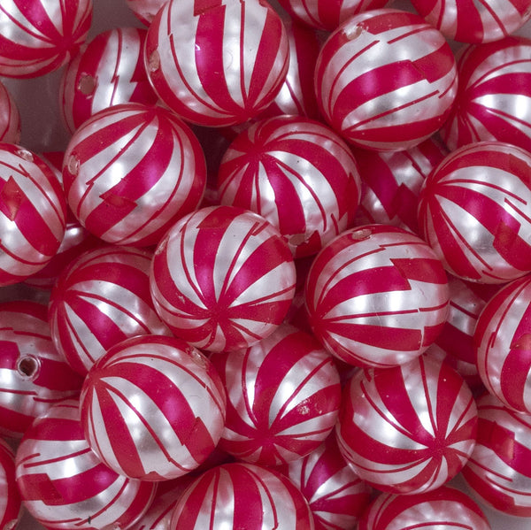 Close up view of a pile of 20mm PEARL Peppermint Candy Print Chunky Acrylic Bubblegum Beads