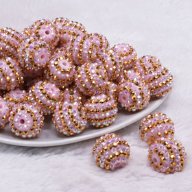 20mm Pink and Gold Striped Rhinestone AB Bubblegum Beads