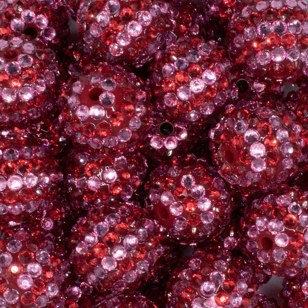 close up view of a pile of 20mm Pink and Red Striped Rhinestone AB Bubblegum Beads