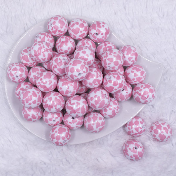 top view of a pile of 20mm White and Pink Cow Print Bubblegum Beads