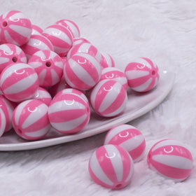 20mm Pink with White Stripe Beach Ball Acrylic Bubblegum Beads