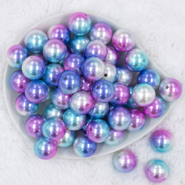 Top view of a pile of 20mm Pink, Blue & Purple Ombre Shimmer Faux Pearl Bubblegum Beads