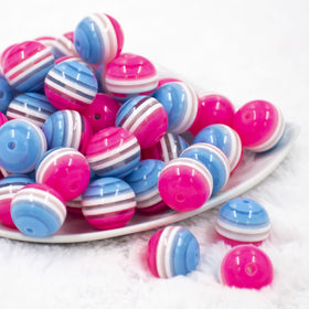20MM Pink, White & Blue Striped Chunky Bubblegum Beads