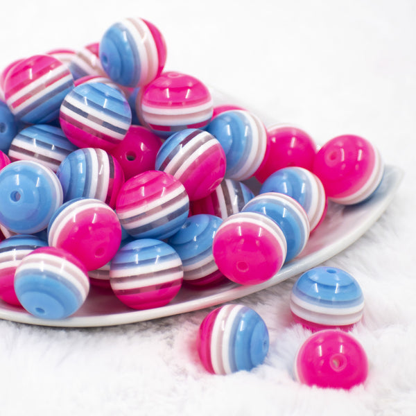 Front view of a pile of 20MM Pink, White & Blue Striped Chunky Bubblegum Beads