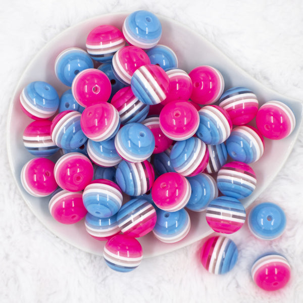 Top view of a pile of 20MM Pink, White & Blue Striped Chunky Bubblegum Beads
