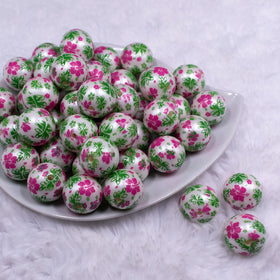 20mm Pink & Green Hawaiian Print Flowers Bubblegum Beads