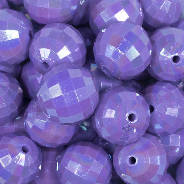 close up view of a pile of 20mm Purple Disco Faceted AB Bubblegum Beads