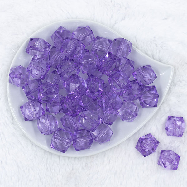 Top view of a pile of 20mm Purple Transparent Cube Faceted Pearl Bubblegum Beads