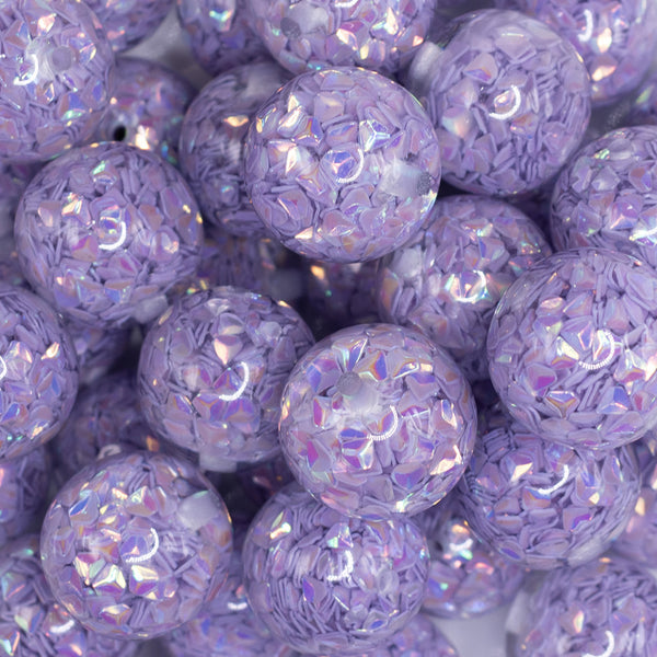 Close up view of a pile of 20mm Purple Majestic Confetti Bubblegum Beads