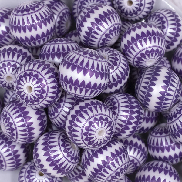 Close up view of a pile of 20mm Purple Ornament Print Chunky Acrylic Bubblegum Beads