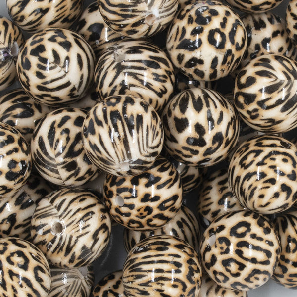 12 Vintage Leopard Animal Print Round Wood Beads – 19mm – Genuine Wood N587