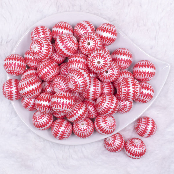 Top view of a pile of 20mm Red with White Ornamental Printed Acrylic Bubblegum Beads
