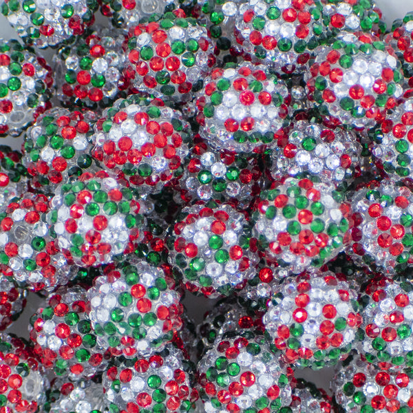 Close up view of a pile of 20mm Red & Green Confetti Rhinestone AB Bubblegum Beads