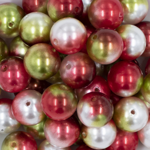 20mm Red, Green & White Ombre Shimmer Faux Pearl Bubblegum Beads