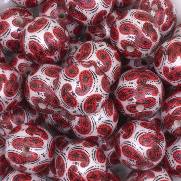 close up view of a pile of 20mm Red Paisley printed Acrylic Bubblegum Beads