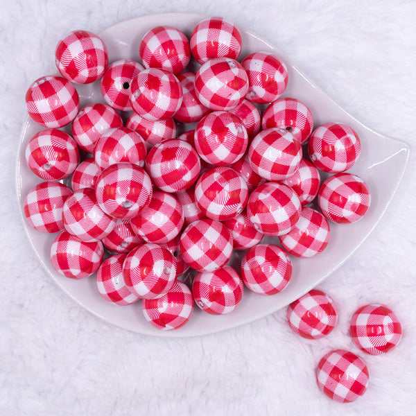 Top view of a pile of 20mm Red & White Picnic Plaid Print Acrylic Bubblegum Beads