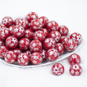 20mm Silver Snowflake Print on Red Acrylic Bubblegum Beads