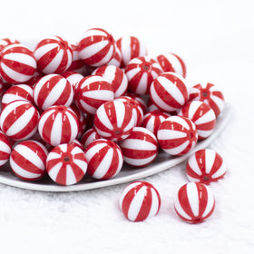20mm Red with White Stripe Beach Ball Bubblegum Beads