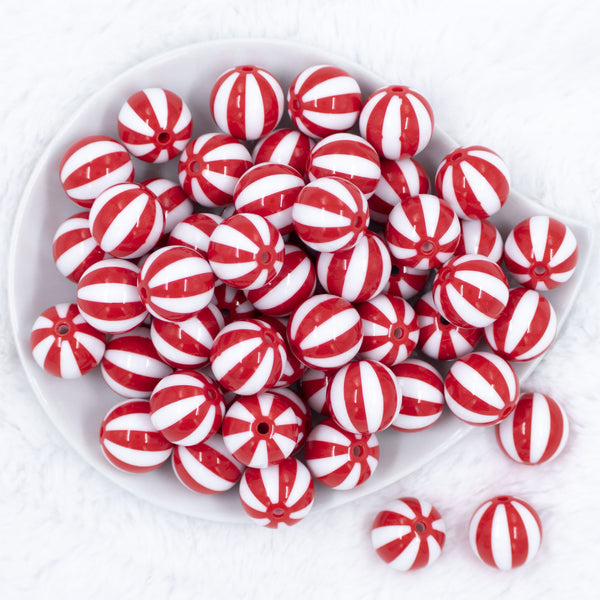 Top view of a pile of 20mm Red with White Stripe Beach Ball Bubblegum Beads
