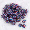 Top view of a pile of 20mm Red, White & Blue Striped Rhinestone AB Bubblegum Beads