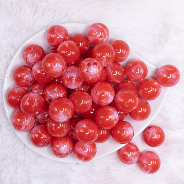 top view of a pile of 20mm Red with White Marble Flower Bubblegum Beads