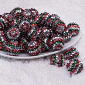 20mm Red, Green and Silver Striped Rhinestone AB Acrylic Bubblegum Beads