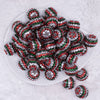 top view of a pile of 20mm Red, Green and Silver Striped Rhinestone AB Acrylic Bubblegum Beads