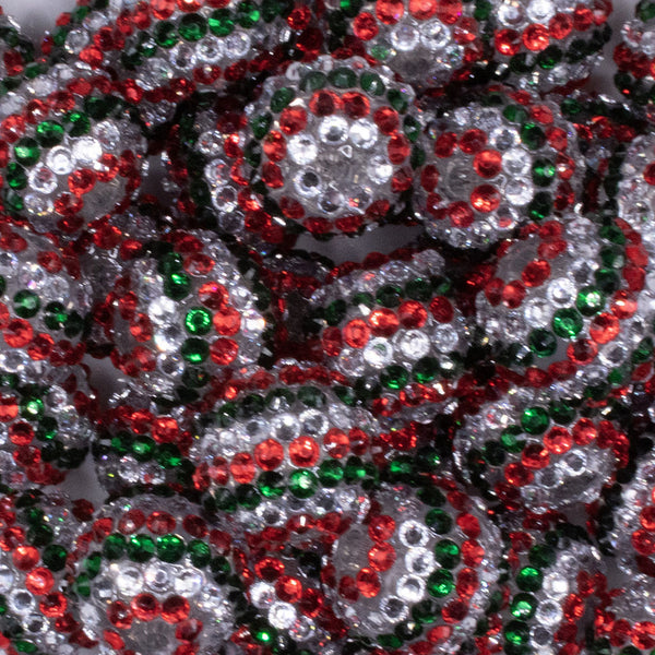 close up view of a pile of 20mm Red, Green and Silver Striped Rhinestone AB Acrylic Bubblegum Beads
