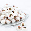 Front view of a pile of 20mm Scary Jack O Lantern Face Print Chunky Acrylic Bubblegum Beads [10 Count]