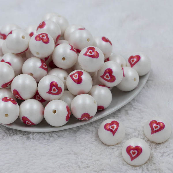 Front view of a pile of 20mm Heart Print Chunky Acrylic Bubblegum Beads [10 Count]